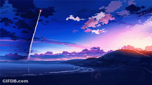 A Painting Of A Sunset Over A Beach With A Rocket In The Sky GIF