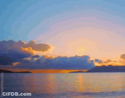 A Painting Of A Sunset Over A Body Of Water With Franwhite.com Written On The Bottom GIF