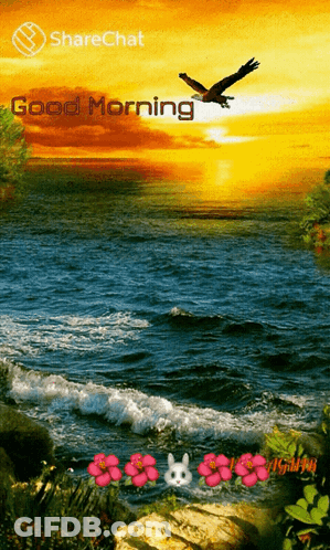 A Painting Of A Sunset Over A Body Of Water With The Words Good Morning On The Bottom GIF