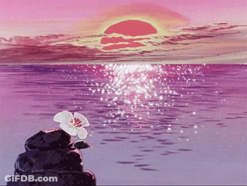 A Painting Of A Sunset Over The Ocean With A Flower On A Rock In The Foreground GIF
