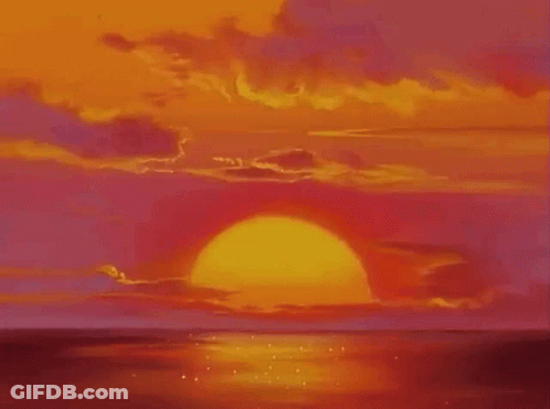 A Painting Of A Sunset Over The Ocean With The Sun Shining Through The Clouds . GIF