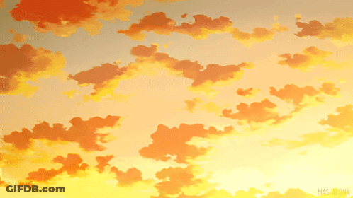 A Painting Of A Sunset Sky With The Name Mashiroshima On The Bottom GIF