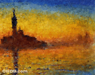 A Painting Of A Sunset With A Tower In The Foreground GIF