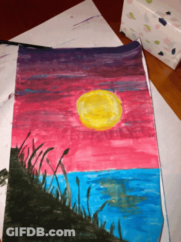 A Painting Of A Sunset With A Yellow Sun In The Sky GIF
