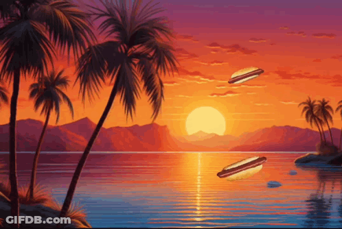 A Painting Of A Sunset With Palm Trees And Hot Dogs GIF