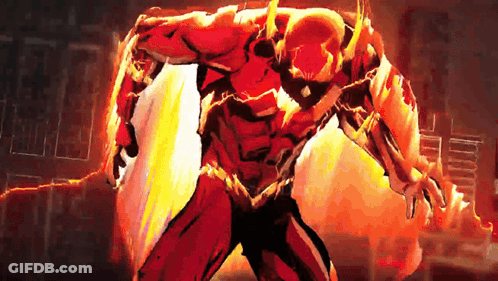 A Painting Of A Superhero In A Red Suit With A Flame Coming Out Of His Chest GIF