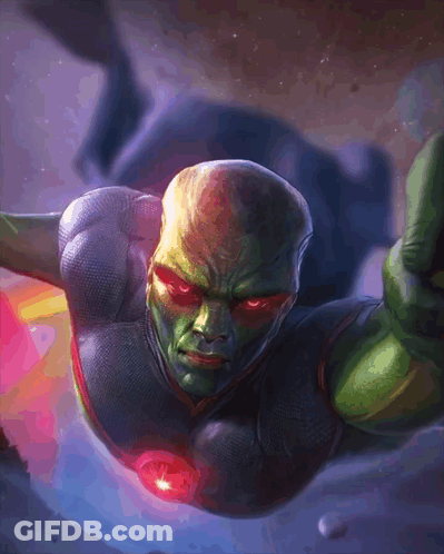 A Painting Of A Superhero With Red Eyes Flying Through Space GIF