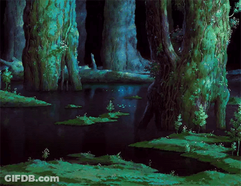A Painting Of A Swamp With Trees And Plants GIF