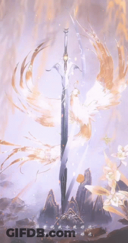 A Painting Of A Sword Surrounded By Flowers And Chinese Writing GIF