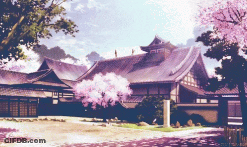 A Painting Of A Temple With A Tree In The Foreground And The Words " Katsu / Tumblr " On The Bottom GIF