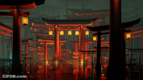 A Painting Of A Temple With The Word Clans In Red Letters GIF