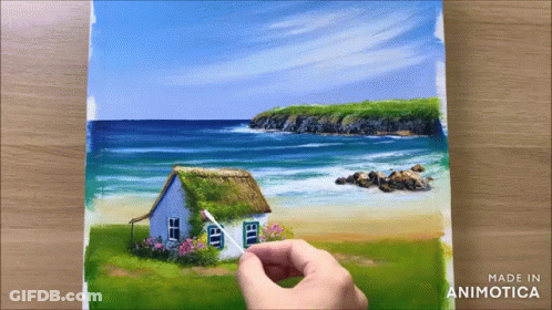 A Painting Of A Thatched House On A Beach Is Made In Animatica GIF