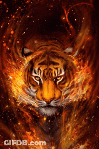 A Painting Of A Tiger With Flames Around It GIF