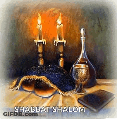 A Painting Of A Torah , Candles , A Chalice , And A Bottle Of Wine On A Table GIF