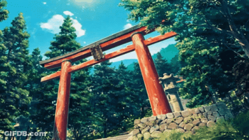 A Painting Of A Torii Gate In A Forest GIF