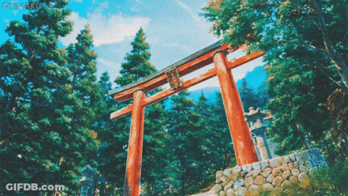 A Painting Of A Torii Gate In The Woods GIF