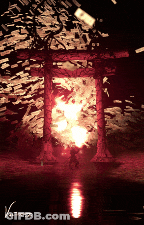 A Painting Of A Torii Gate With The Letters V And T On The Bottom Left GIF