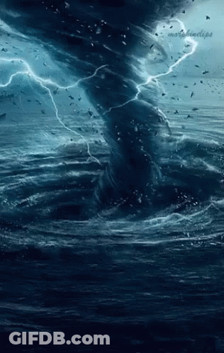 A Painting Of A Tornado In The Ocean With Lightning Coming Out Of It GIF