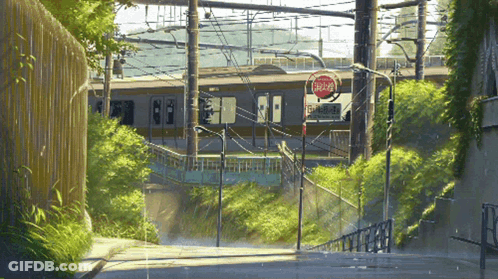 A Painting Of A Train Station With A Sign That Says Do Not Enter On It GIF