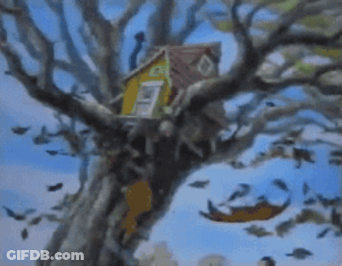 A Painting Of A Tree House On A Tree Branch GIF