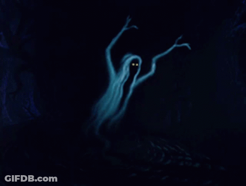A Painting Of A Tree In A Dark Forest With A Yellow Light In The Background GIF