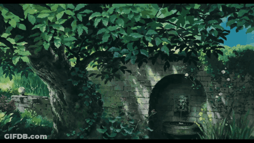 A Painting Of A Tree In A Garden With A Fountain GIF
