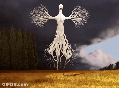 A Painting Of A Tree With A Face And Long Legs GIF