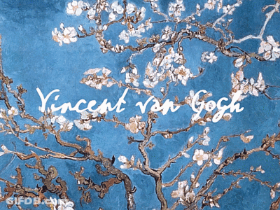 A Painting Of A Tree With Flowers And The Name Vincent Van Gogh GIF