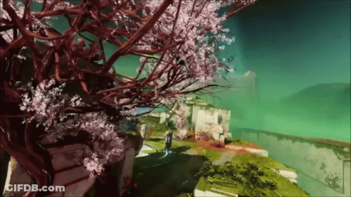 A Painting Of A Tree With Pink Flowers And A Green Background GIF