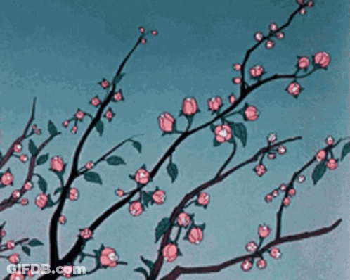 A Painting Of A Tree With Pink Flowers And Green Leaves GIF