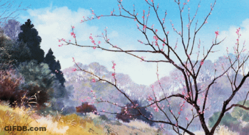 A Painting Of A Tree With Pink Flowers GIF