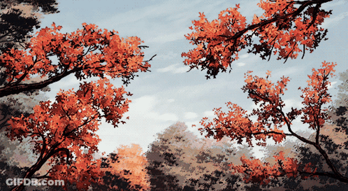 A Painting Of A Tree With Red Leaves Against A Blue Sky GIF