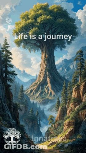 A Painting Of A Tree With The Words " Life Is A Journey " Below It GIF