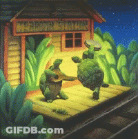 A Painting Of A Turtle Playing A Guitar In Front Of A Building That Says " Merry Go Round " GIF