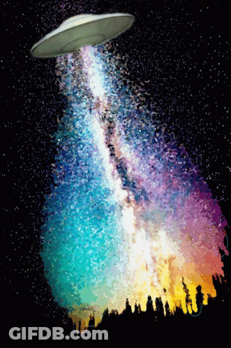 A Painting Of A Ufo Flying Over A Rainbow Colored Galaxy GIF