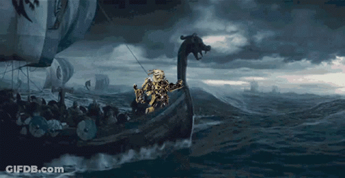 A Painting Of A Viking Ship With A Dragon On The Bow GIF