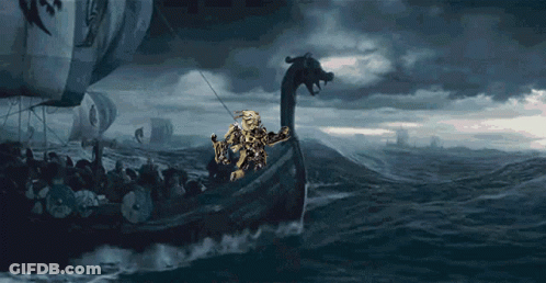 A Painting Of A Viking Ship With A Dragon On The Front GIF