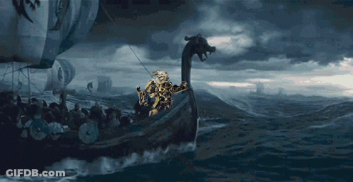 A Painting Of A Viking Ship With A Dragon On The Side GIF