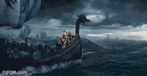 A Painting Of A Viking Ship With A Dragon On The Side GIF