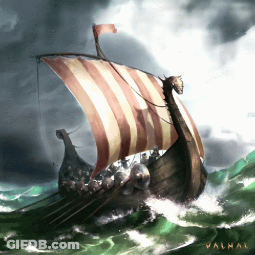 A Painting Of A Viking Ship With The Name Valnau Written On The Bottom GIF