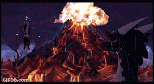 A Painting Of A Volcano Erupting With A Purple Sky In The Background GIF