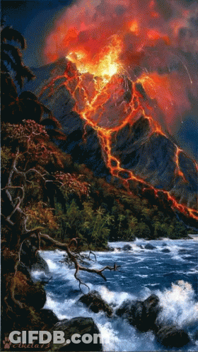 A Painting Of A Volcano Erupting With A River In The Foreground By Akela73 GIF
