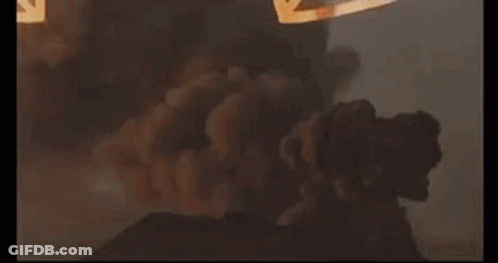 A Painting Of A Volcano Erupting With Smoke Coming Out Of It GIF