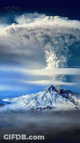 A Painting Of A Volcano Erupting With Smoke Coming Out Of The Top GIF
