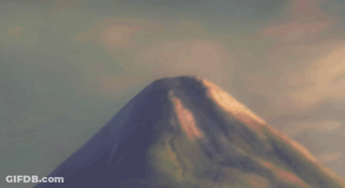 A Painting Of A Volcano That Is Erupting GIF