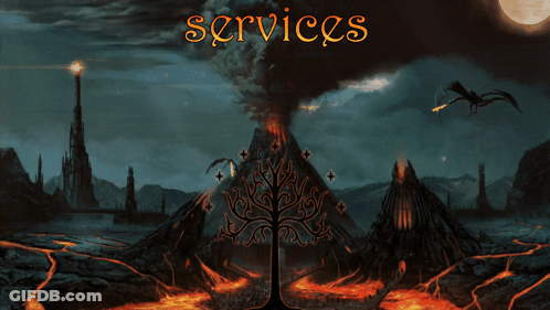 A Painting Of A Volcano With The Words Services In Orange Letters GIF