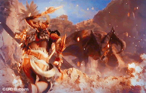 A Painting Of A Warrior Fighting A Monster With Flames Coming Out Of It GIF