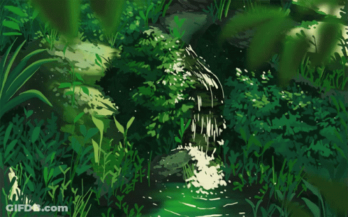 A Painting Of A Waterfall In The Middle Of A Lush Green Forest GIF
