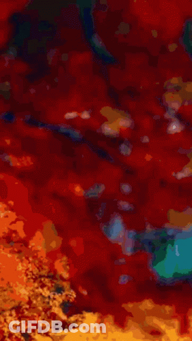 A Painting Of A Waterfall Surrounded By Trees With Red And Yellow Leaves GIF