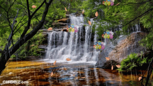 A Painting Of A Waterfall With Balloons And Leaves In The Foreground GIF